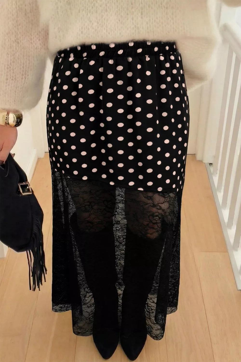 Polka Dot Patchwork Lace Maxi Skirt