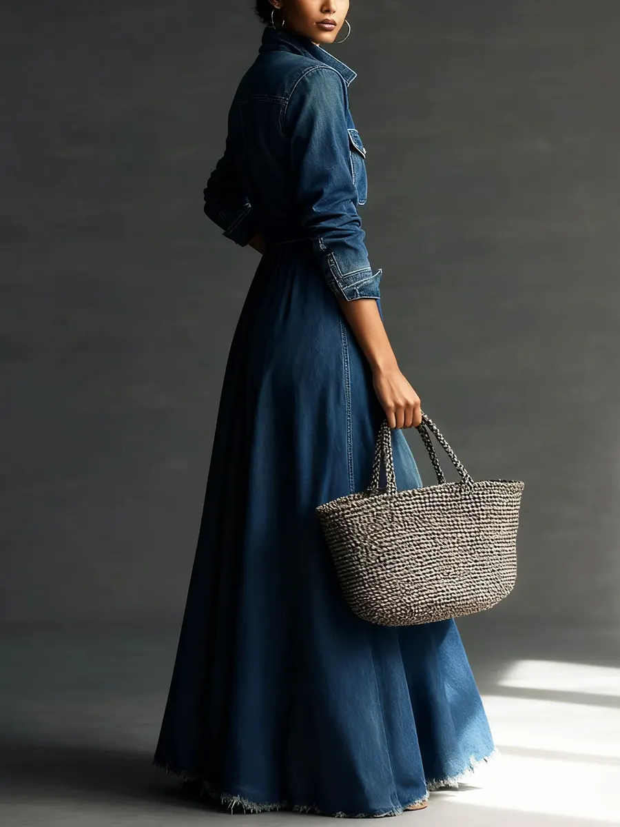 Women Stylish Art Stand Collar Washed Denim Midi Dress