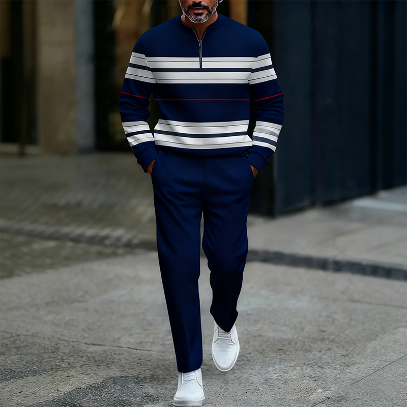 Men’s 2-Piece Khaki Casual Sports Set – Soft Knit Fabric, Contrast Stripe Design