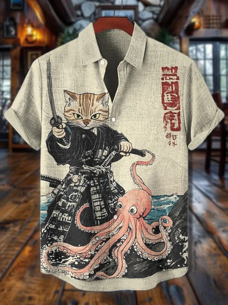 Men's Japanese Art Octopus Cat Warrior Print Short Sleeve Shirt