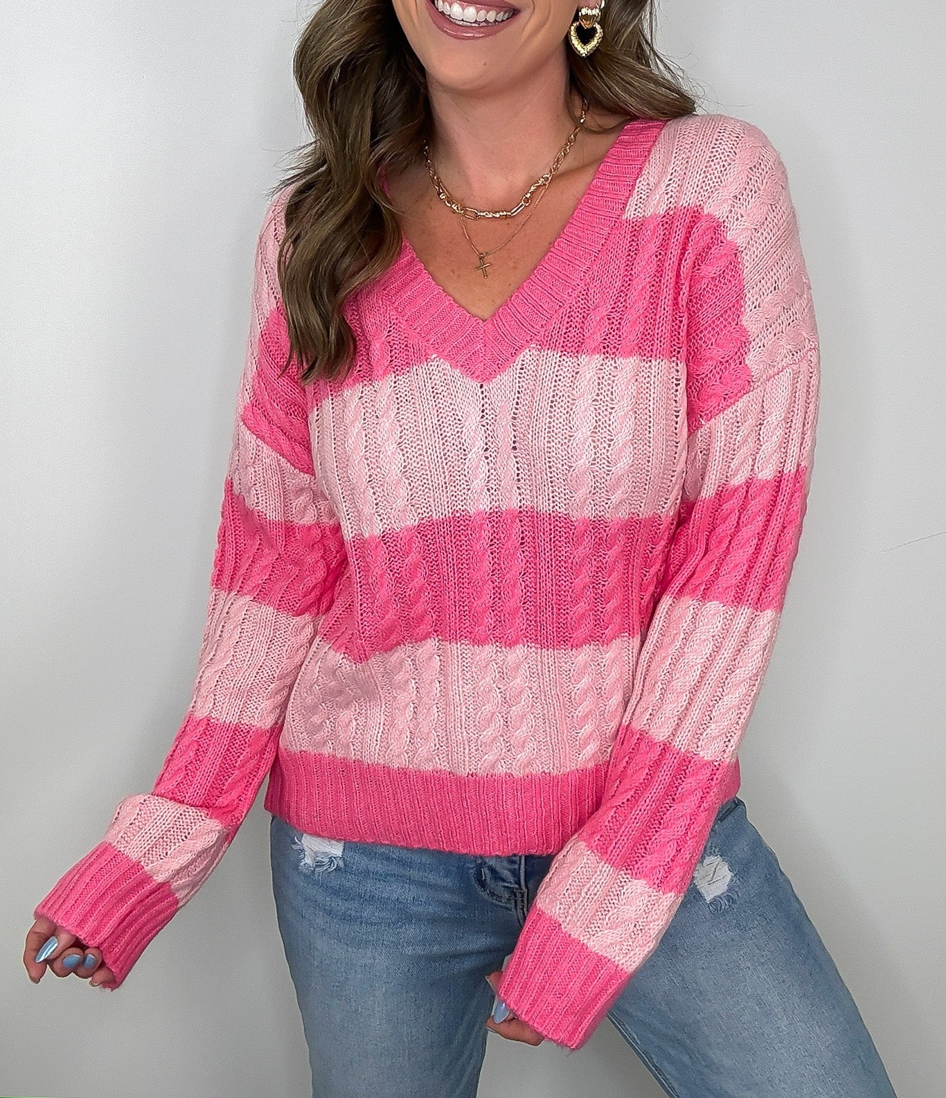 V-Neck Striped Cable Knit Sweater