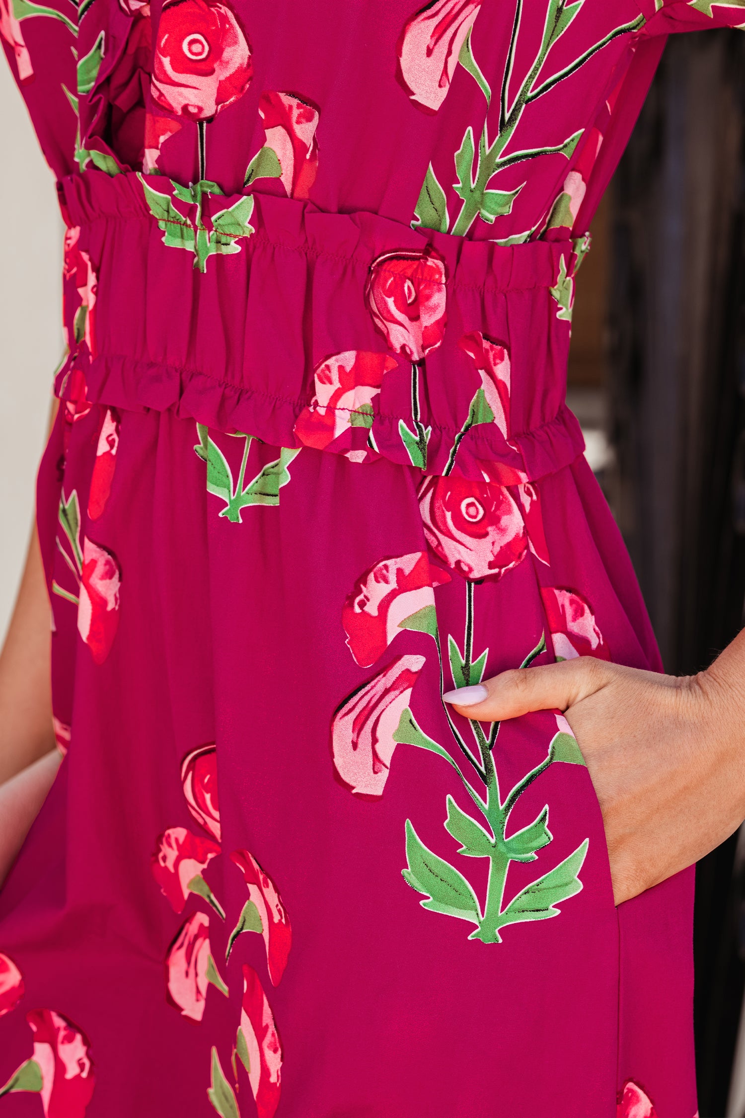 Red Floral Print Frilled V Neck Short Sleeve Ruffle Maxi Dress