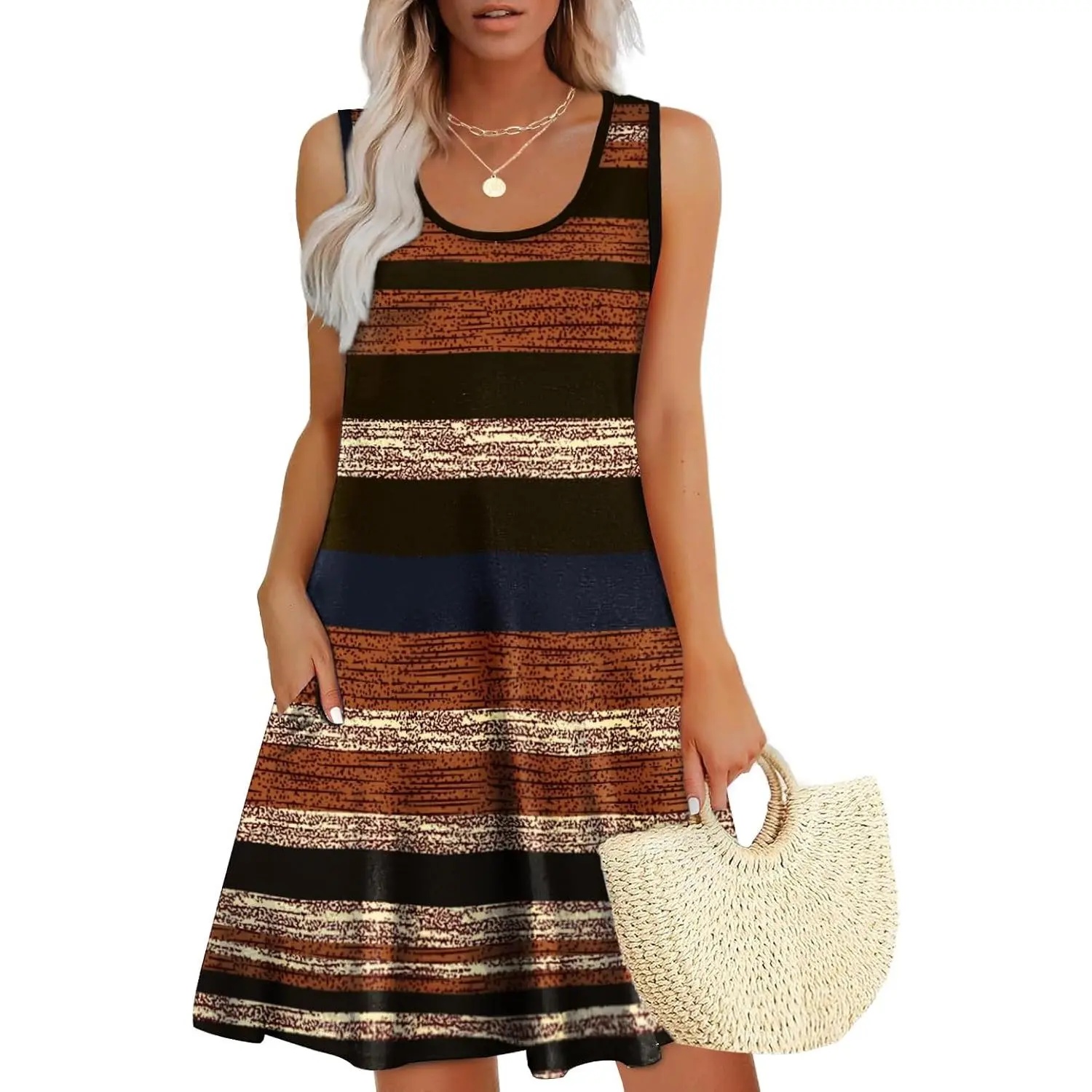 Womens Summer Dresses Loose U Neck Sleeveless Sundresses Dress with Pockets