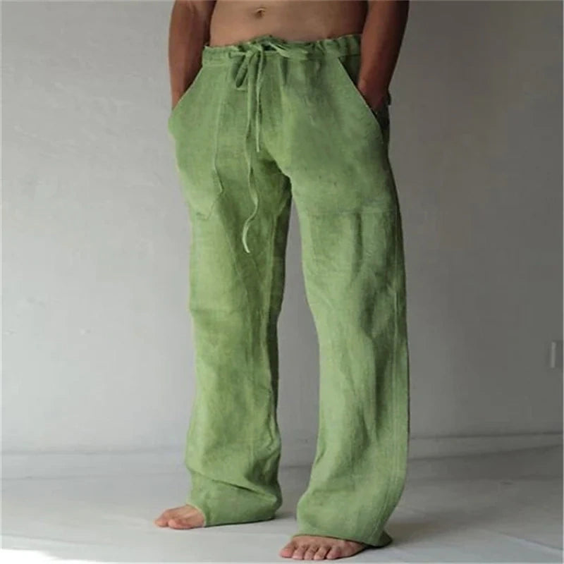 Men's Linen Casual Pants Solid Color Fashion Straight-Leg Trousers Baggy Pants With Pockets Drawstring Elastic Waist Design Beach Pants Daily Yoga Comfort Soft Mid Waist Green White Khaki 3XL