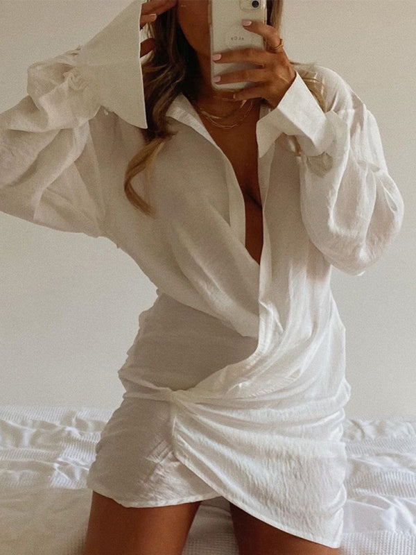 Long Sleeve White Shirt Deep V Dress