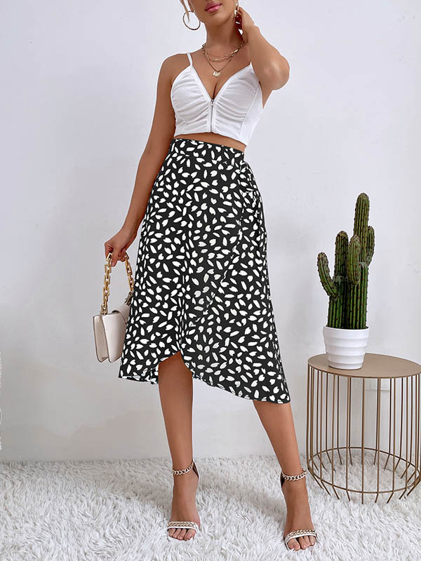 Printed Split-Front Tied Waist A-Line High-Low Skirts Bottoms