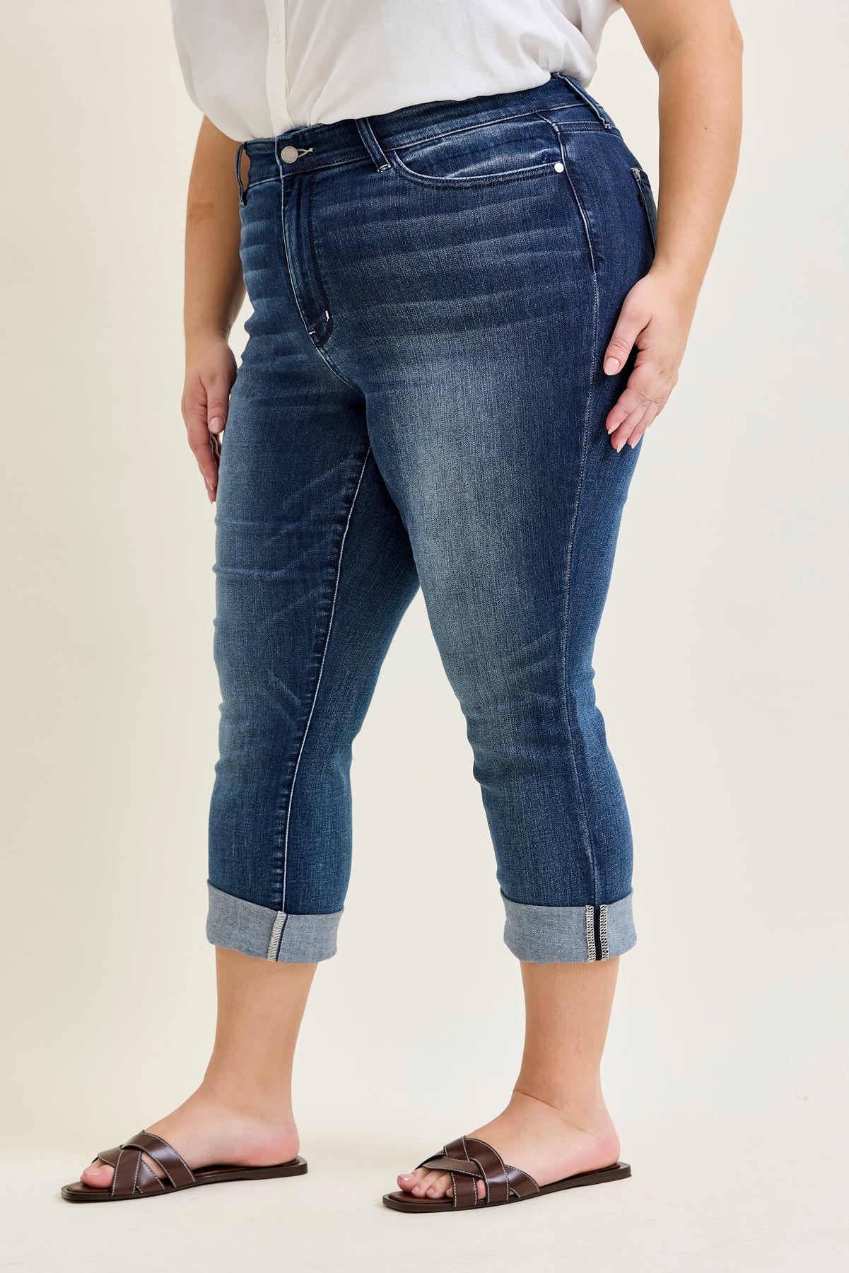 Maddy Mid Rise Dark Wash Cuffed Capri Jeans - PLUS