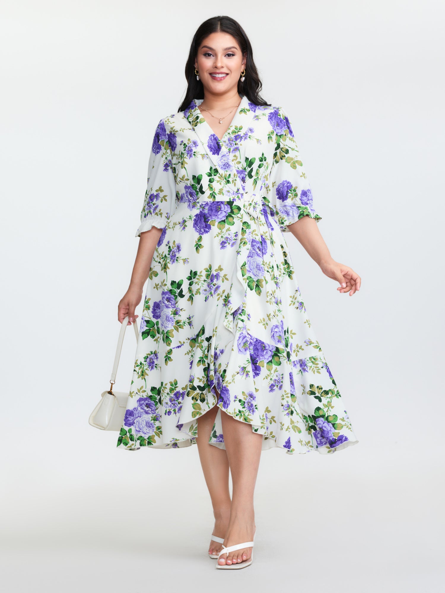 Large Floral Print Wrap Pockets Midi Dress