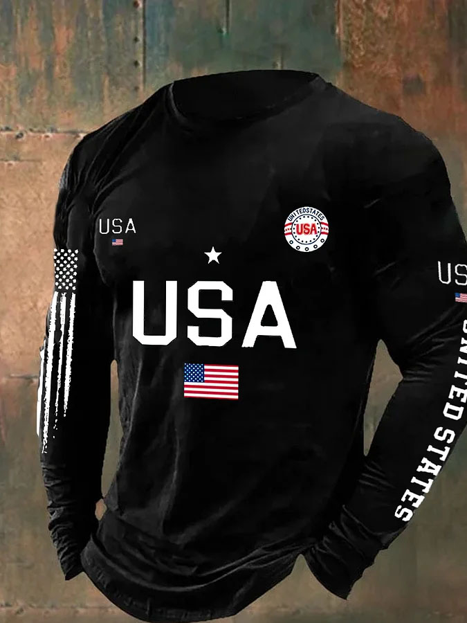 Men'S Retro American Flag Independence Day 250Th Anniversary Commemorative Edition Classic Printed Long Sleeve