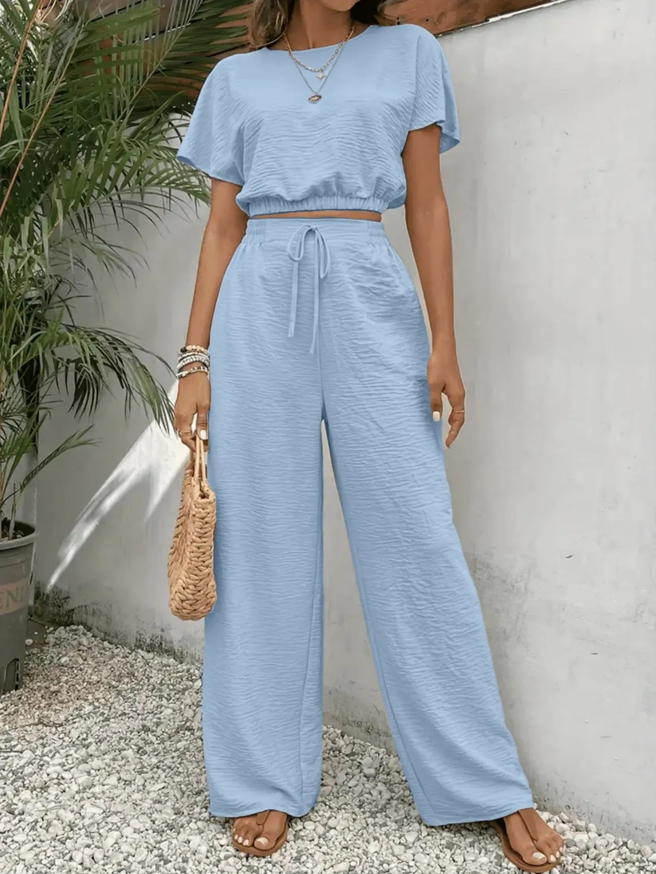 Women's Solid Color Rib-Knit Top & Wide Leg Pants Lounge Set