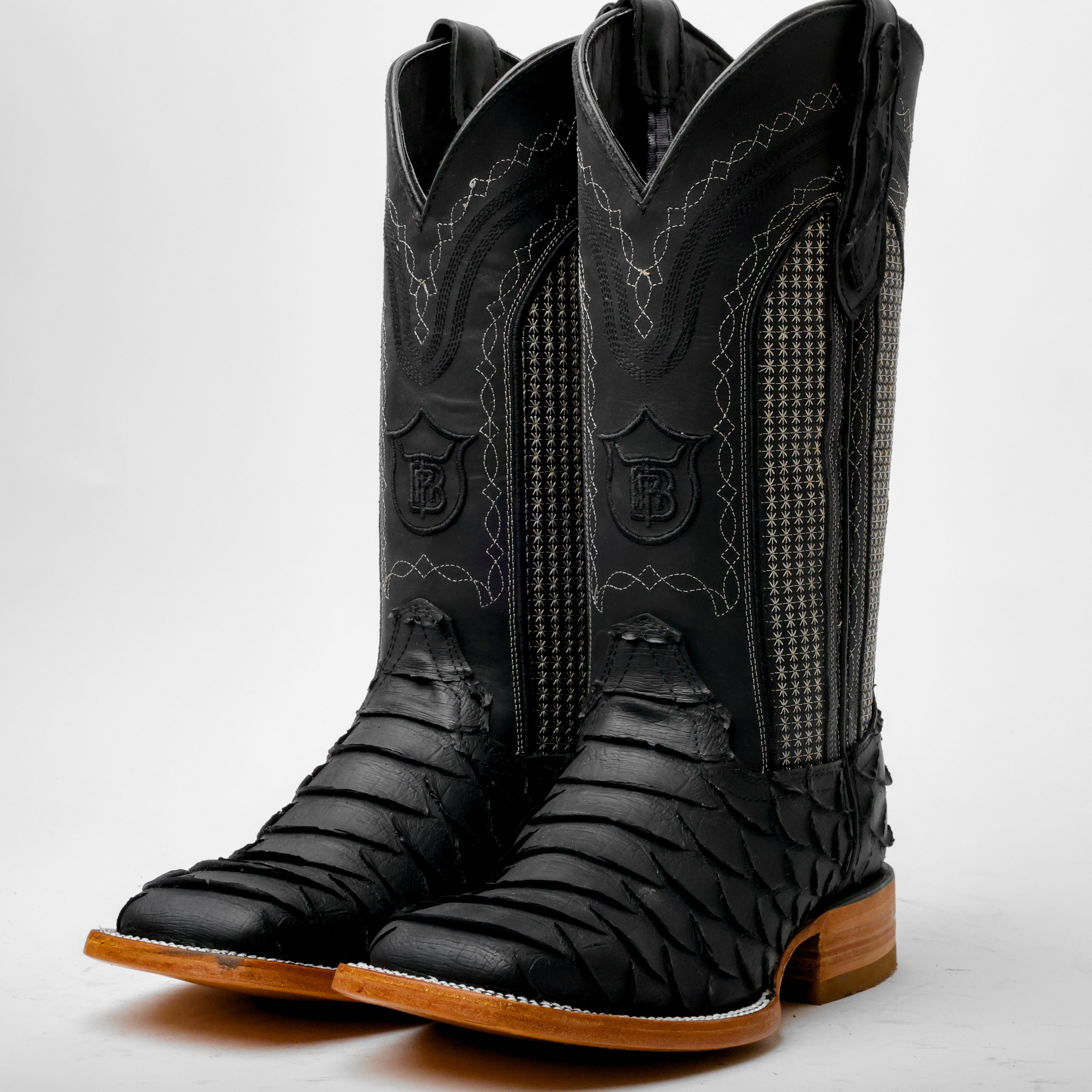 Matte Black Jumbo Python Leather Boots - Square Toe