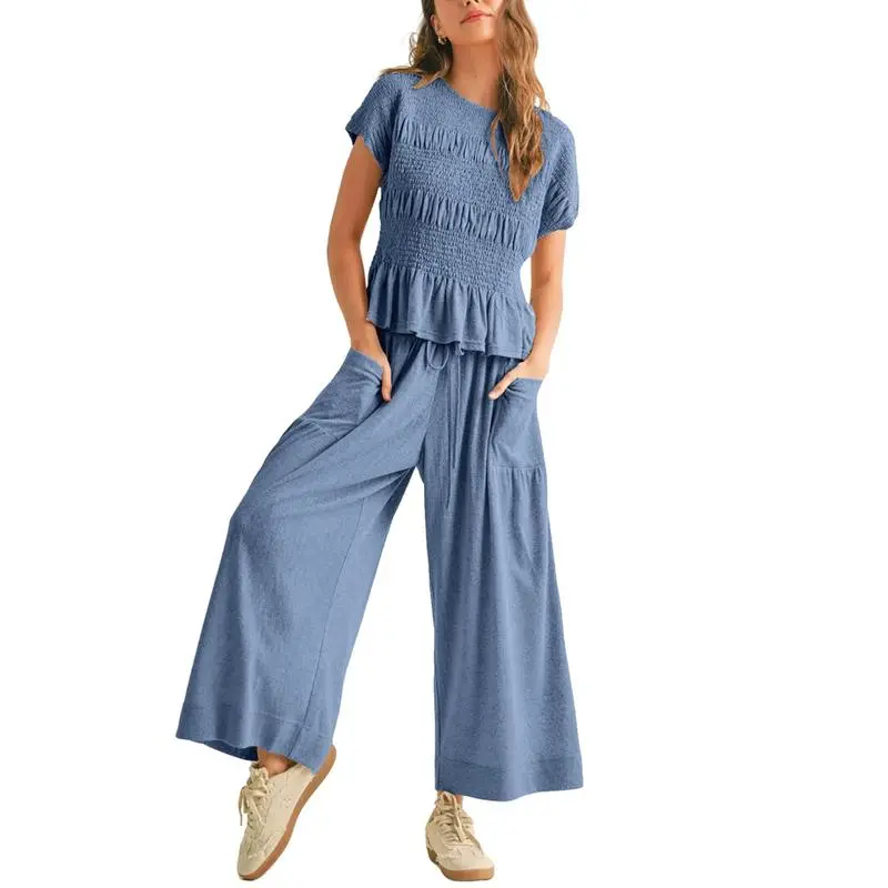 ✨Women’s 2-Piece Smocked Top & Wide-Leg Pants Casual Boho Matching Set🔥