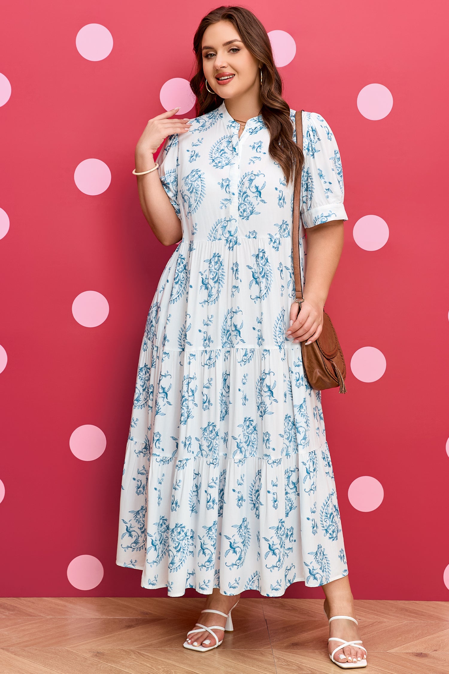 Sky Blue Plus Size Geometric Floral Print Button Split Neck Short Sleeve Maxi Dress