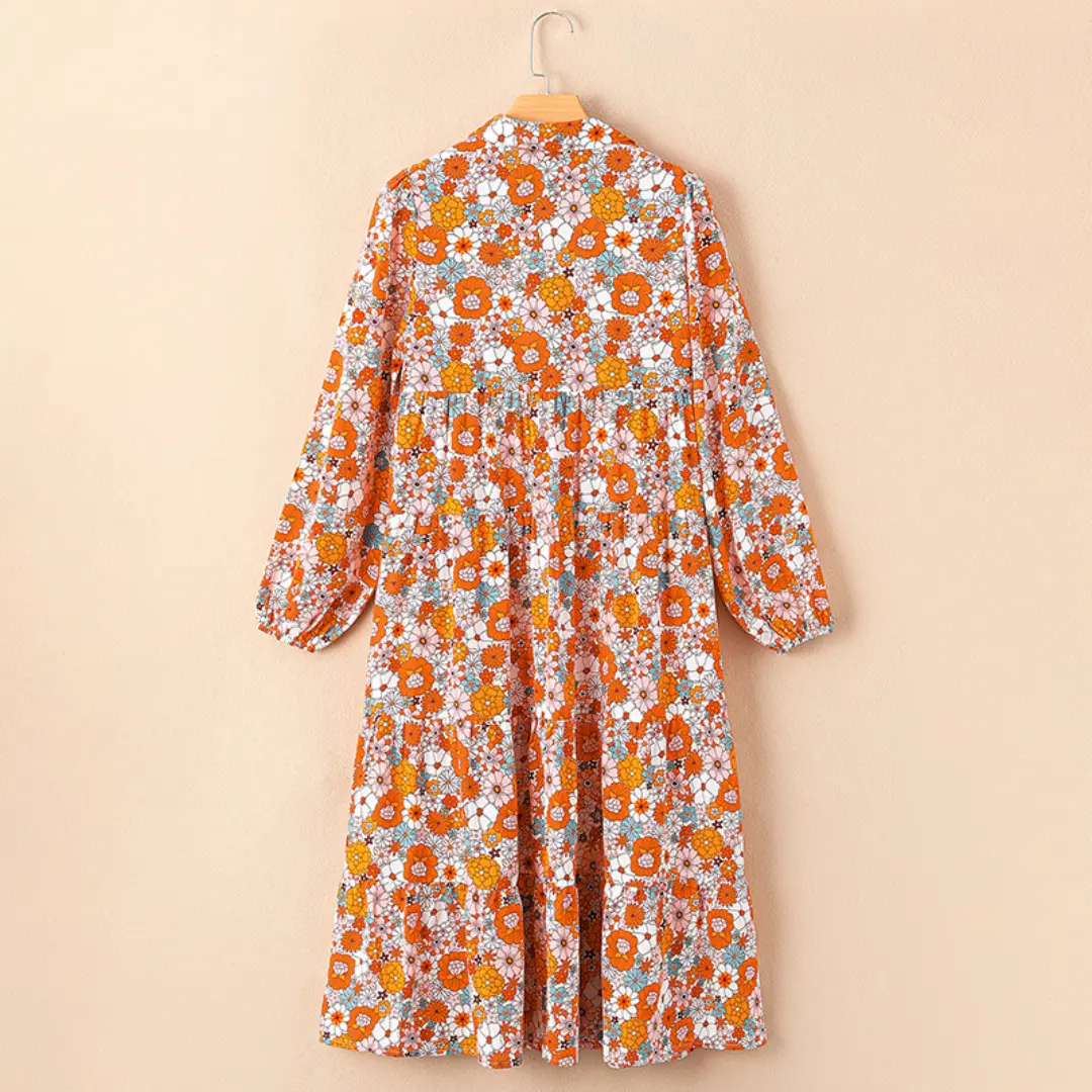 Women's Casual Bohemian Floral Dress 2026 V-Neck Long Puff Sleeve Midi Dress Soft Fabric Comfortable Summer Dress - Womenswear