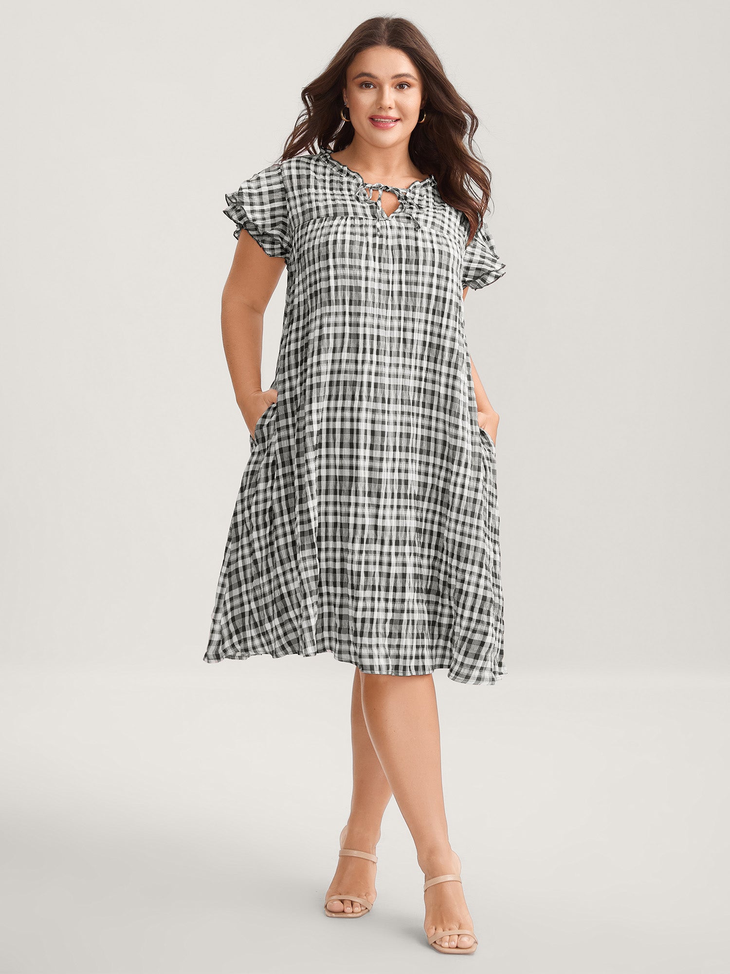 Sweet Plaid Pattern Pockets Mini Dress