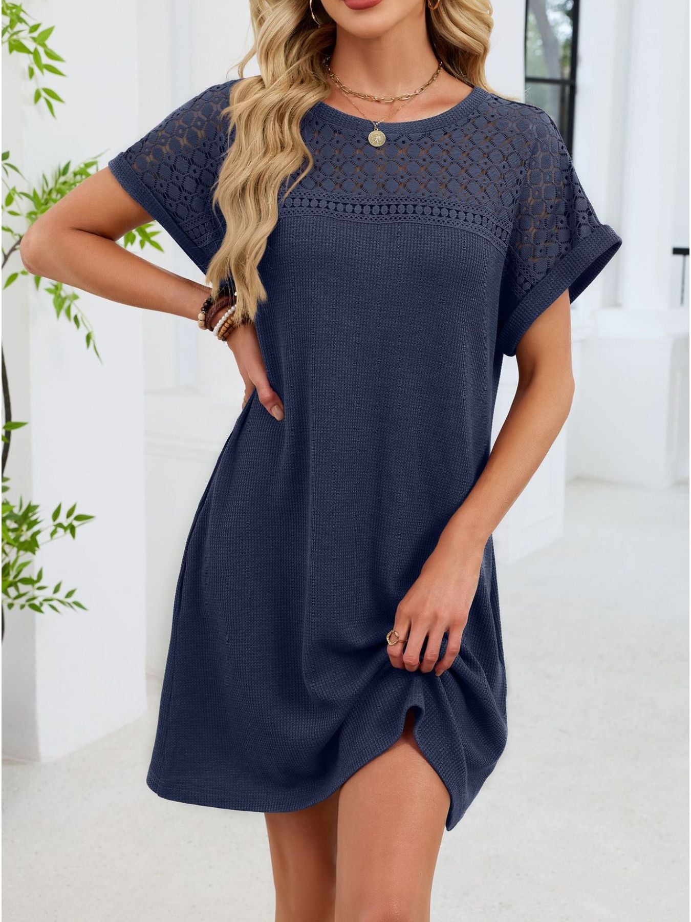 Lace Round Neck Short Sleeve T-Shirt Dress