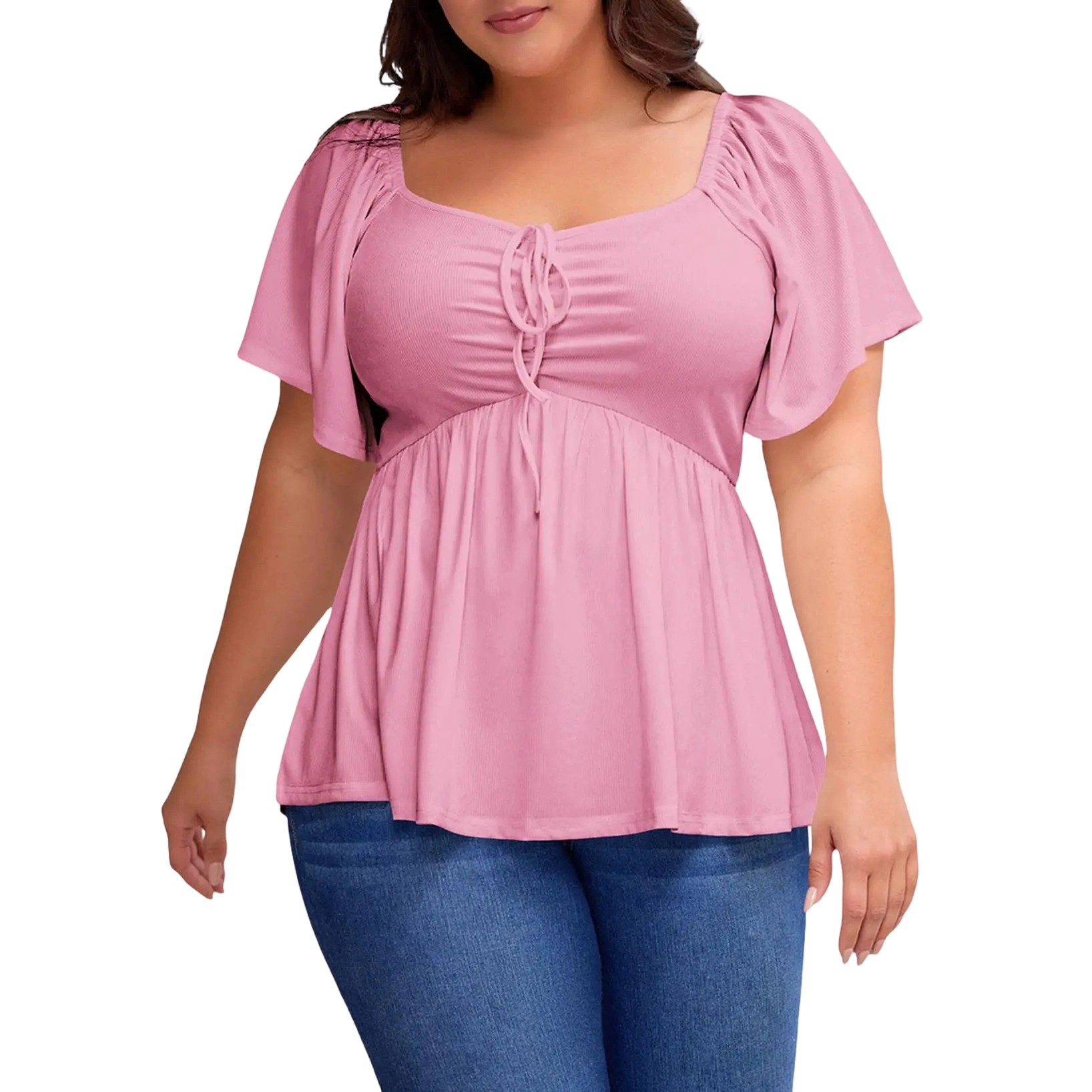 Women Plus Size Sweetheart Neck Short Sleeve Shirred Peplum Blouse Tops Shirts(1X-5X)