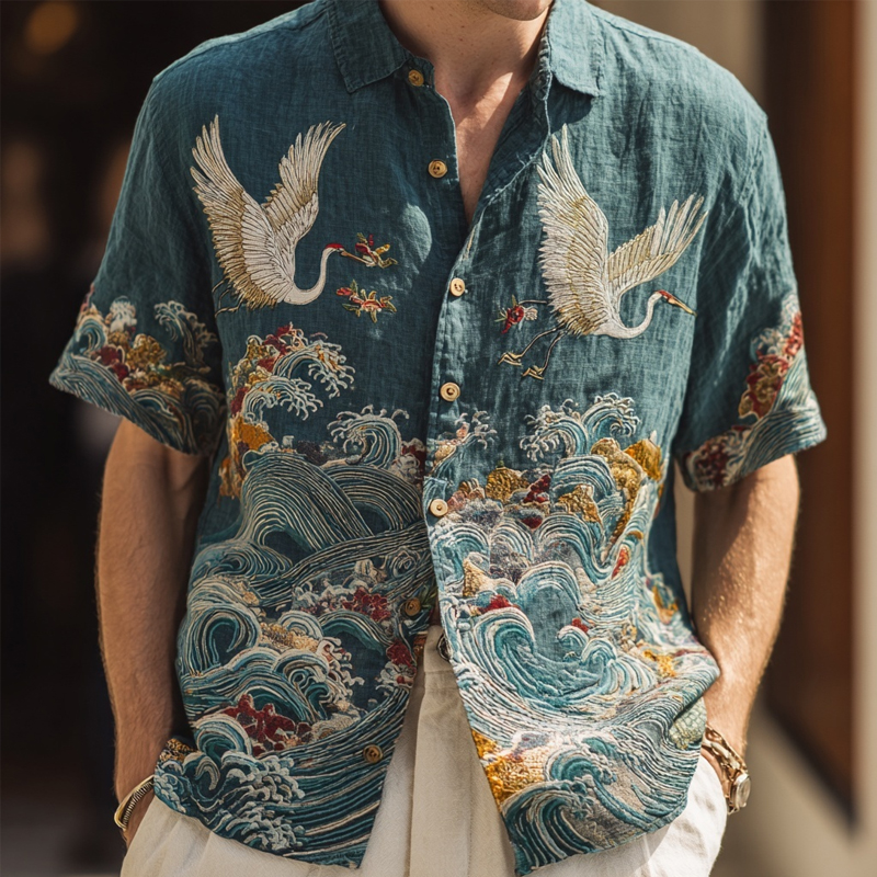 Men's Japanese Waves & Cranes Embroidered Comfy Linen Shirt