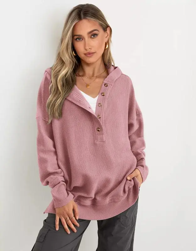 Womens Oversized Button Up V Neck Sweatshirt