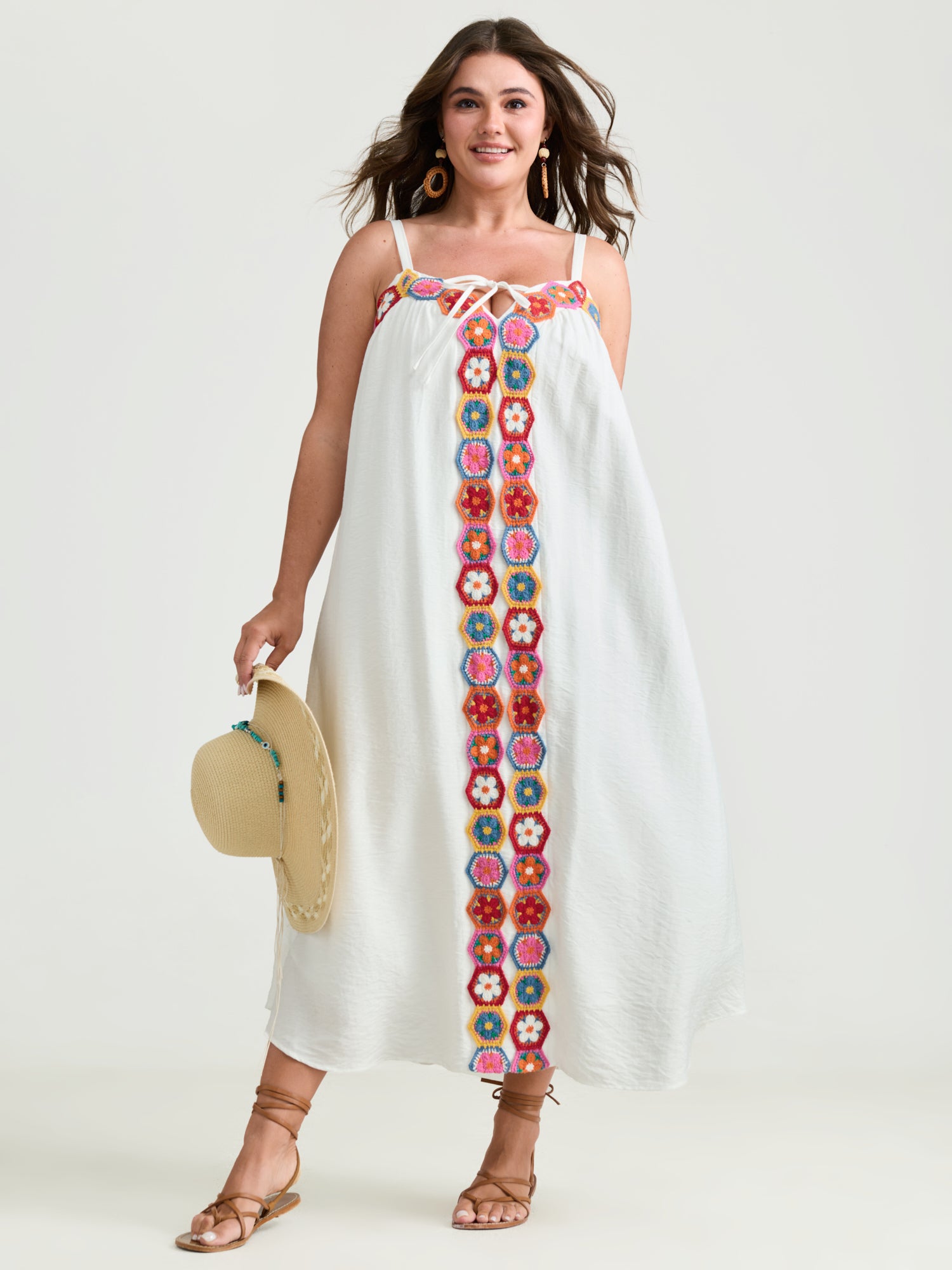 Colorful Floral Crochet Front Cami Midi Dress