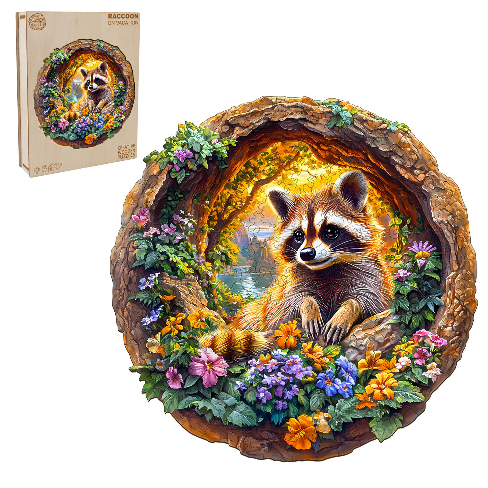 3D Raccoon on Vacation Wooden Jigsaw Puzzle