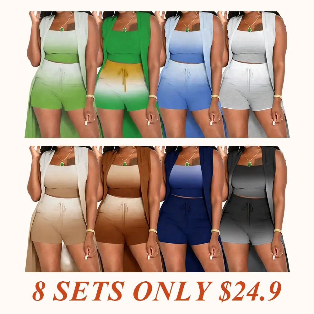 Women's Ombre 3-Piece Outfit Set | Cropped Vest, Shorts & Kimono Cover-Up, Summer Beach & Lounge Wear