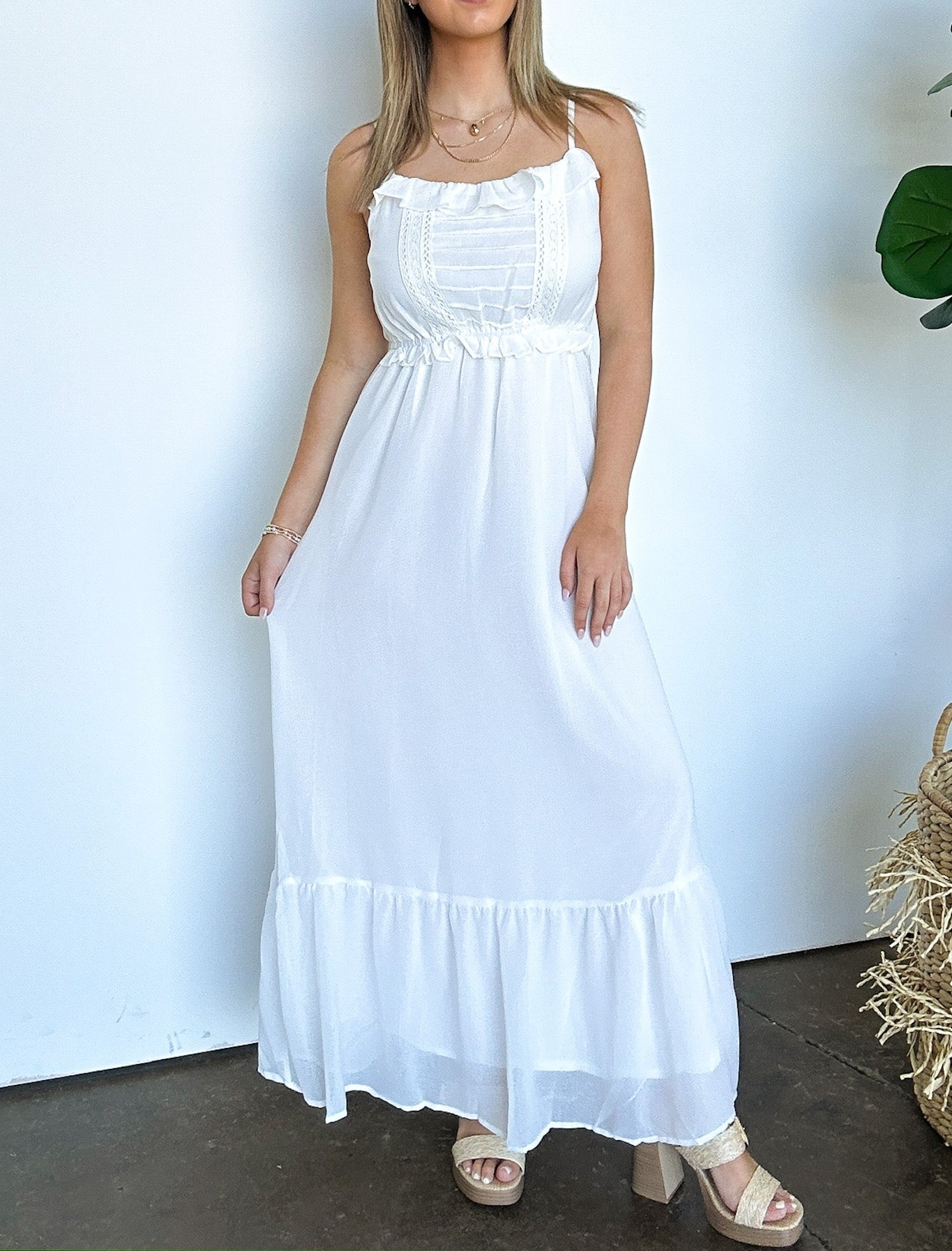 Sweetly Elevated Ruffle and Lace Detail Maxi Dress