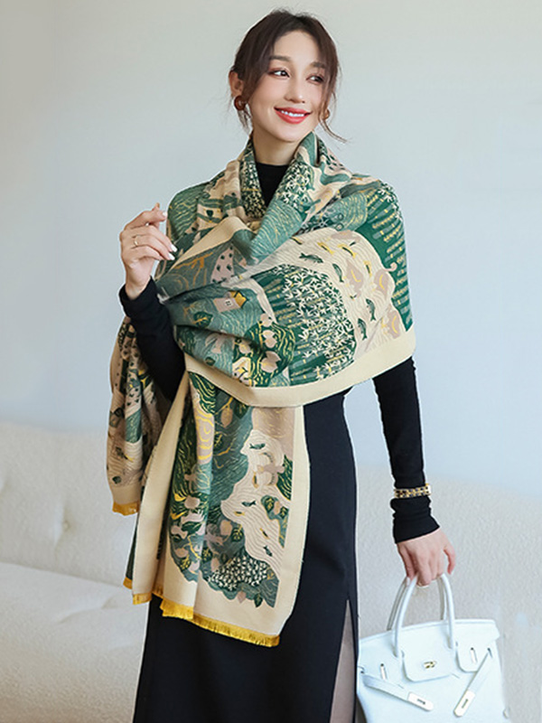 Vintage Printed Tasseled Shawl&Scarf