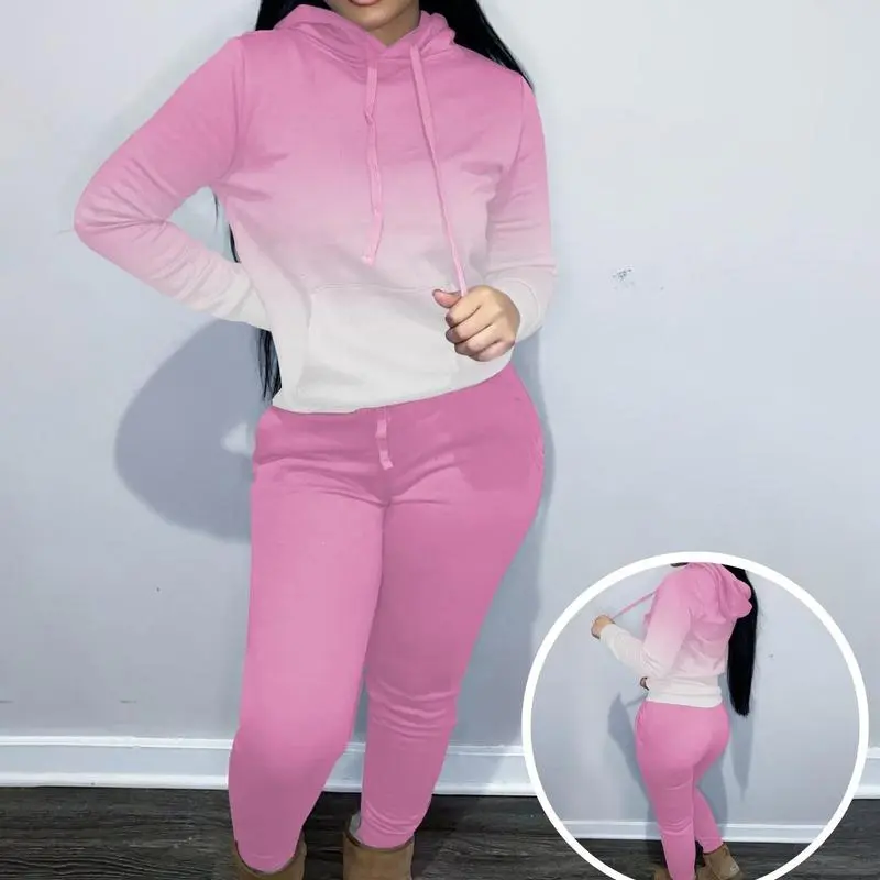 Women's Solid Drawstring Hoodie & Pocket Sweatpants Two-piece Set