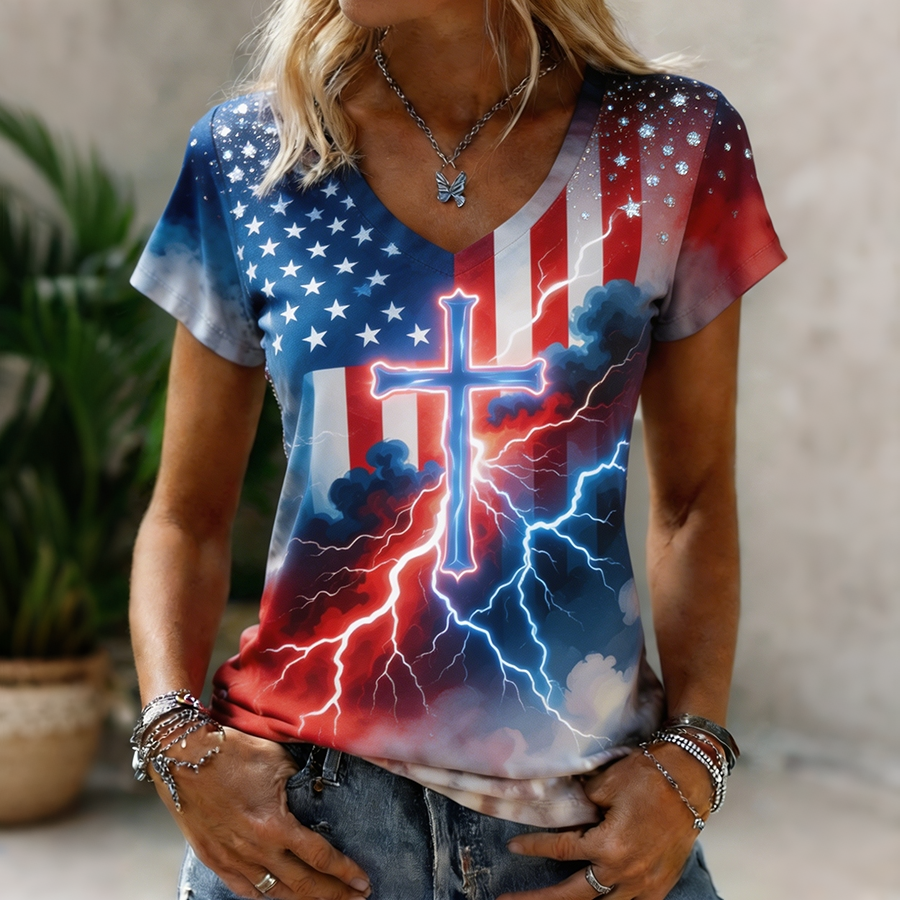 Women's Christian Cross USA Flag Lightning Patriotic V-Neck T-Shirt