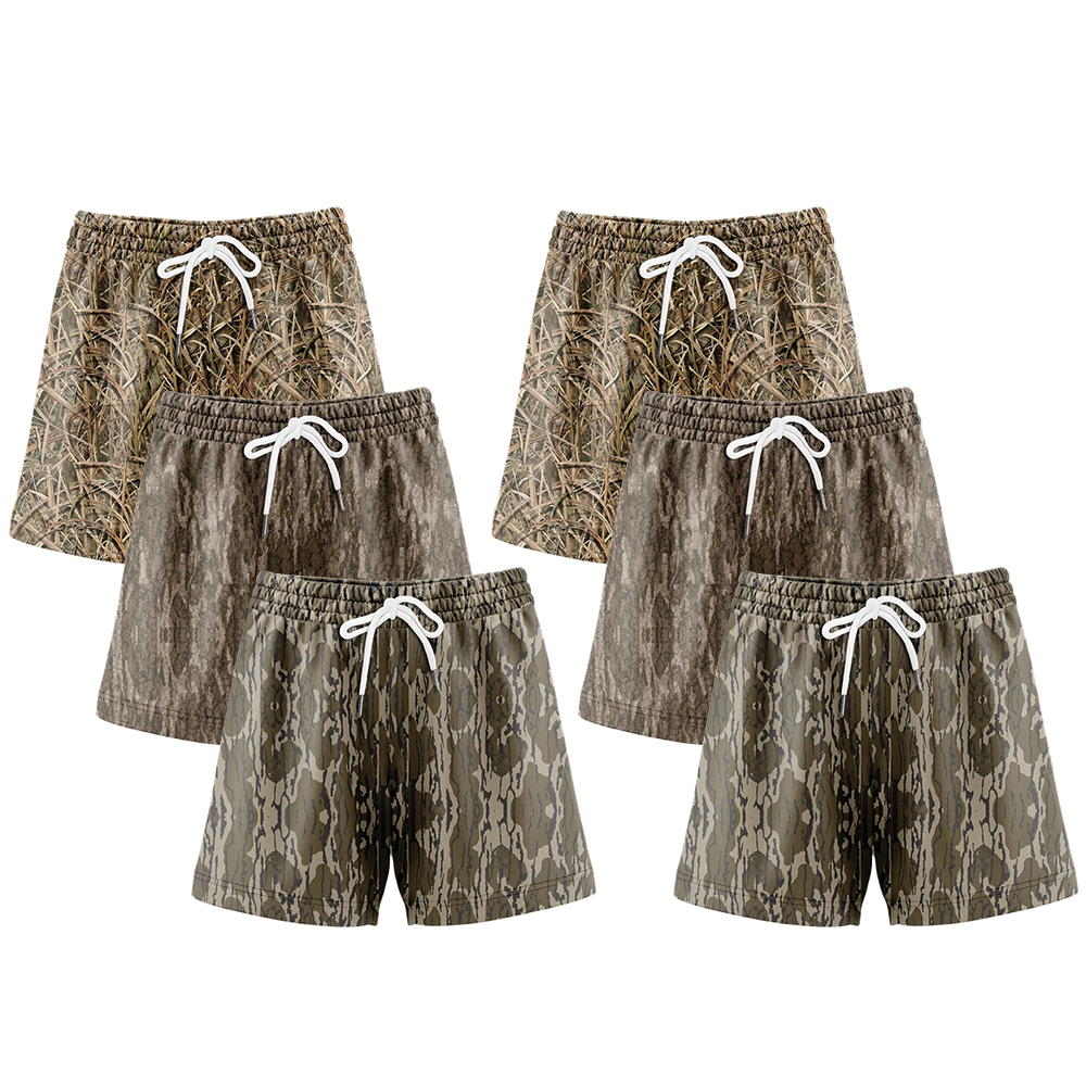 Pack 6 Duck Hunting Camo Shorts - 5 Inch Inseam Camo Mesh Design for Men & Women Ideal Gym Wear & Gifts Breathable & Comfortable