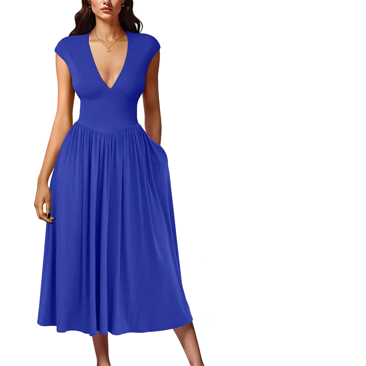 Women's Summer Deep V-Neck Cap Sleeve Pleated A‑Line Midi Dress with Pockets
