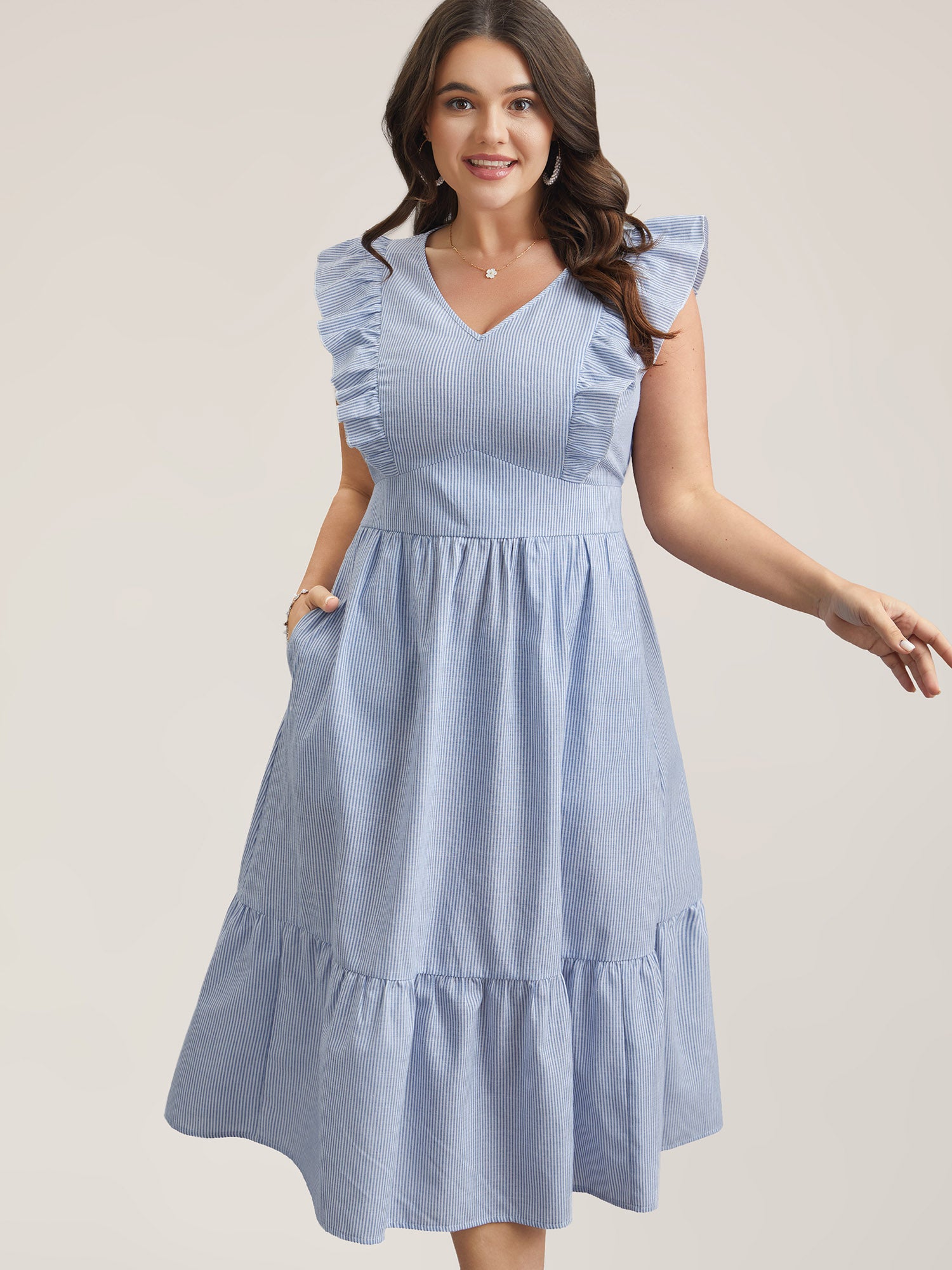 Ruffled Striped Print Triangular Waist Midi Dress