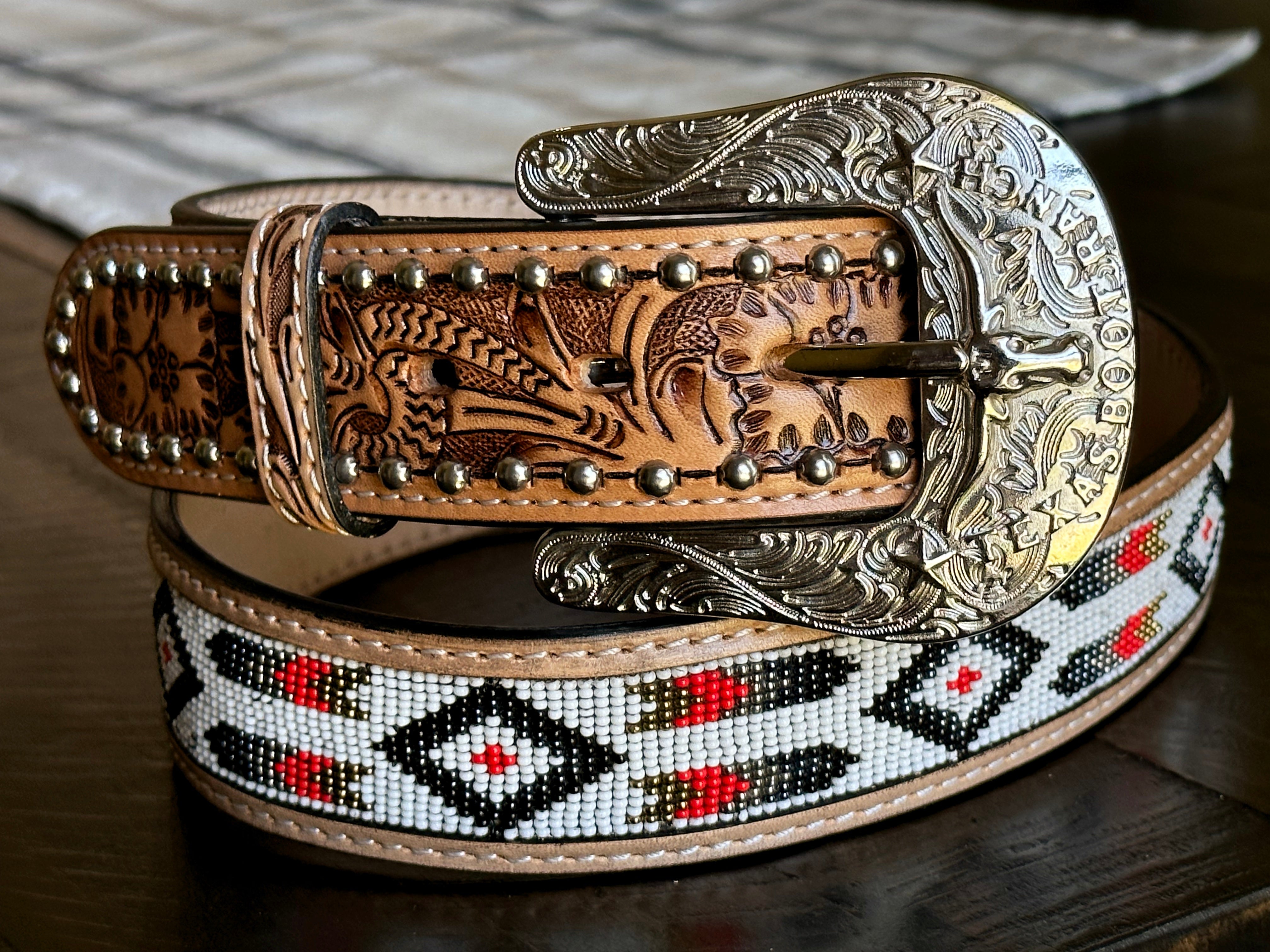 Tan Hand-Tooled Artesanal Tabs With Silver Studs White & Black Beaded Leather Belt