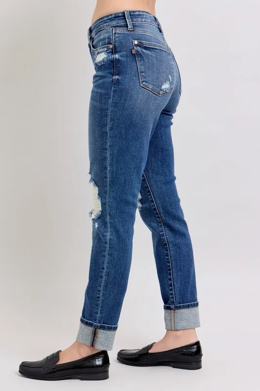 Blue Full Size Midi Rise Boyfriend destroy Jeans with Yoke Pockets and Faux Selvedge Cuff Plus Size