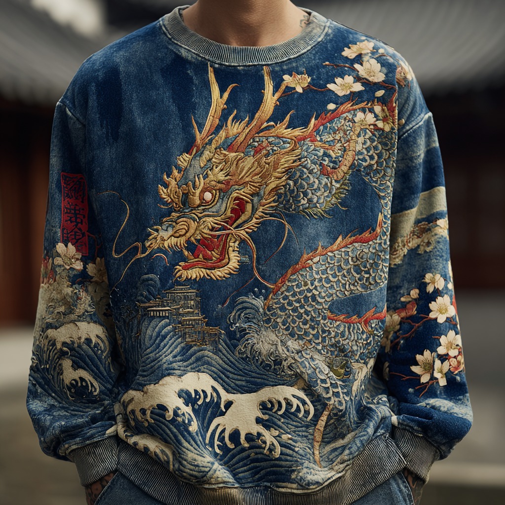Men's Japanese Wave And Dragon Embossed Art Sweatshirt