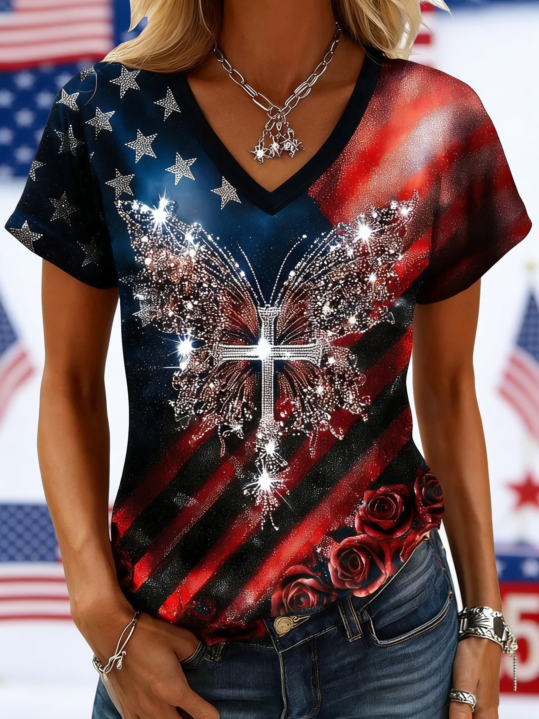 Vintage 3D Printing America Flag Floral Short Sleeve V Neck Butterfly Casual T-Shirt