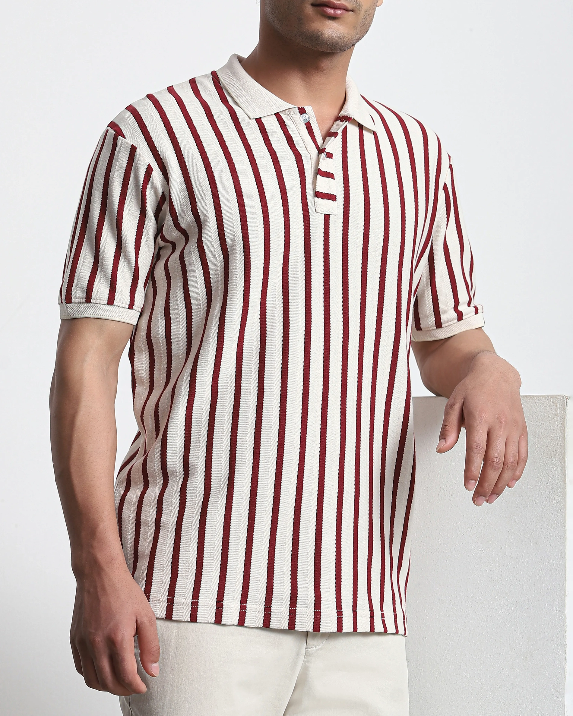 Daily Simple Maroon Striped Textured  Polo Shirt