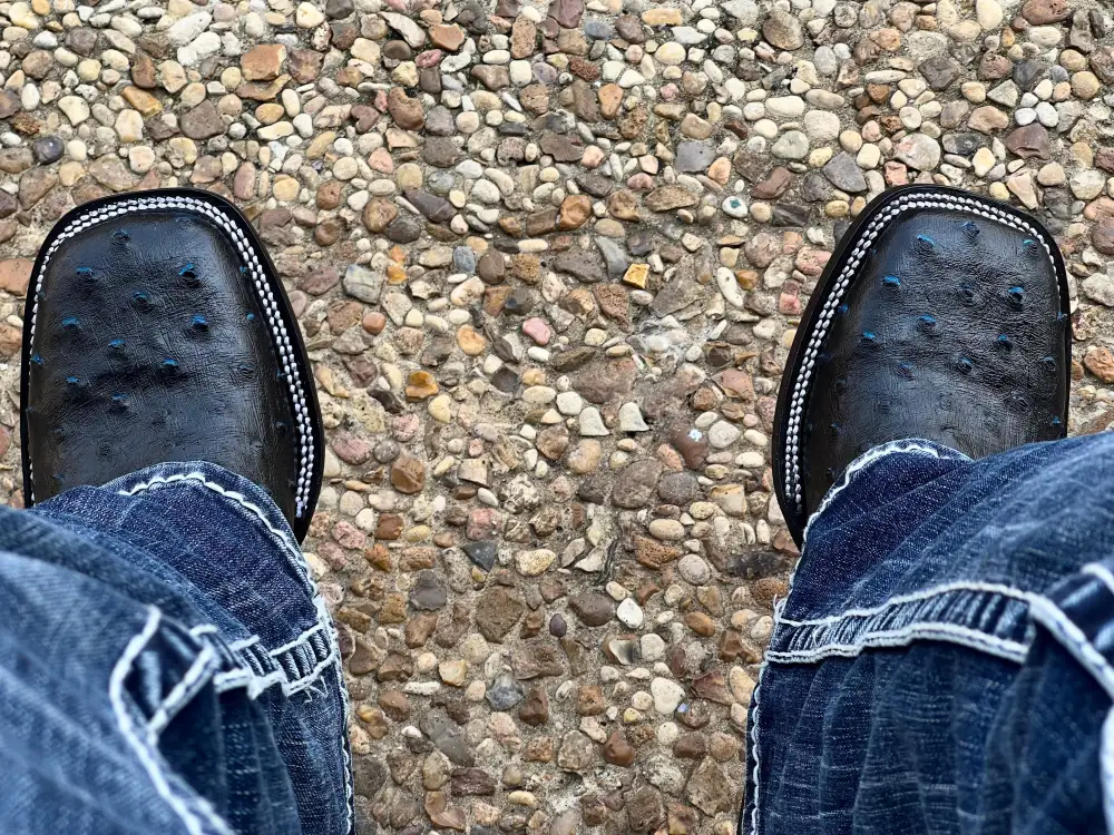 Men’s Black-Blue Ostrich Leather Boots With Red Soles
