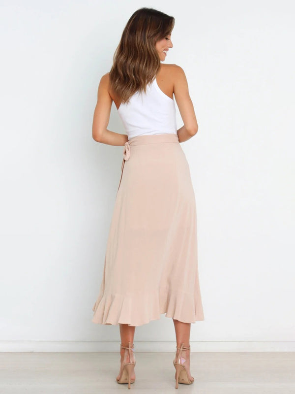 Waist Tie Solid Color Irregular Midi Flare Skirt