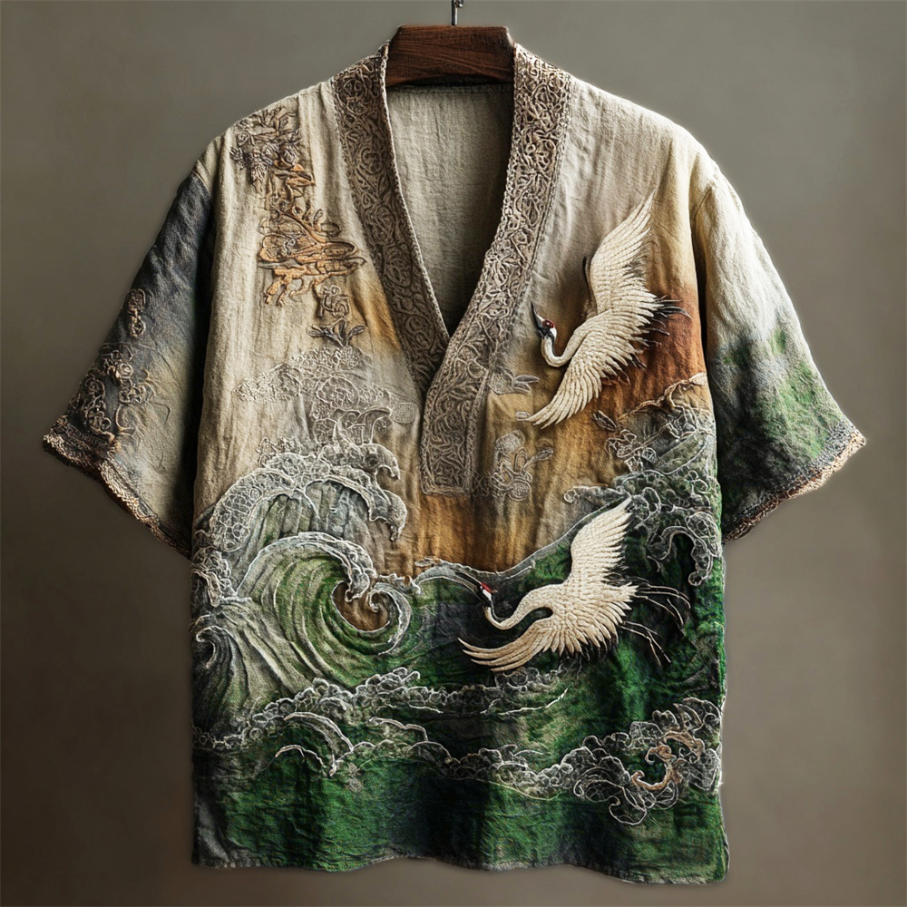 Japanese Embossed Crane Art Men's Linen V-neck Shirt
