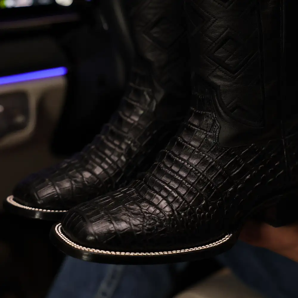 Black American Gator Belly Leather Boots - Square Toe