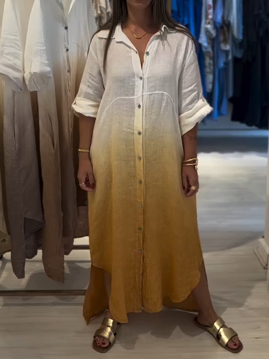 Casual Gradient Color Linen And Cotton Shirt Dress
