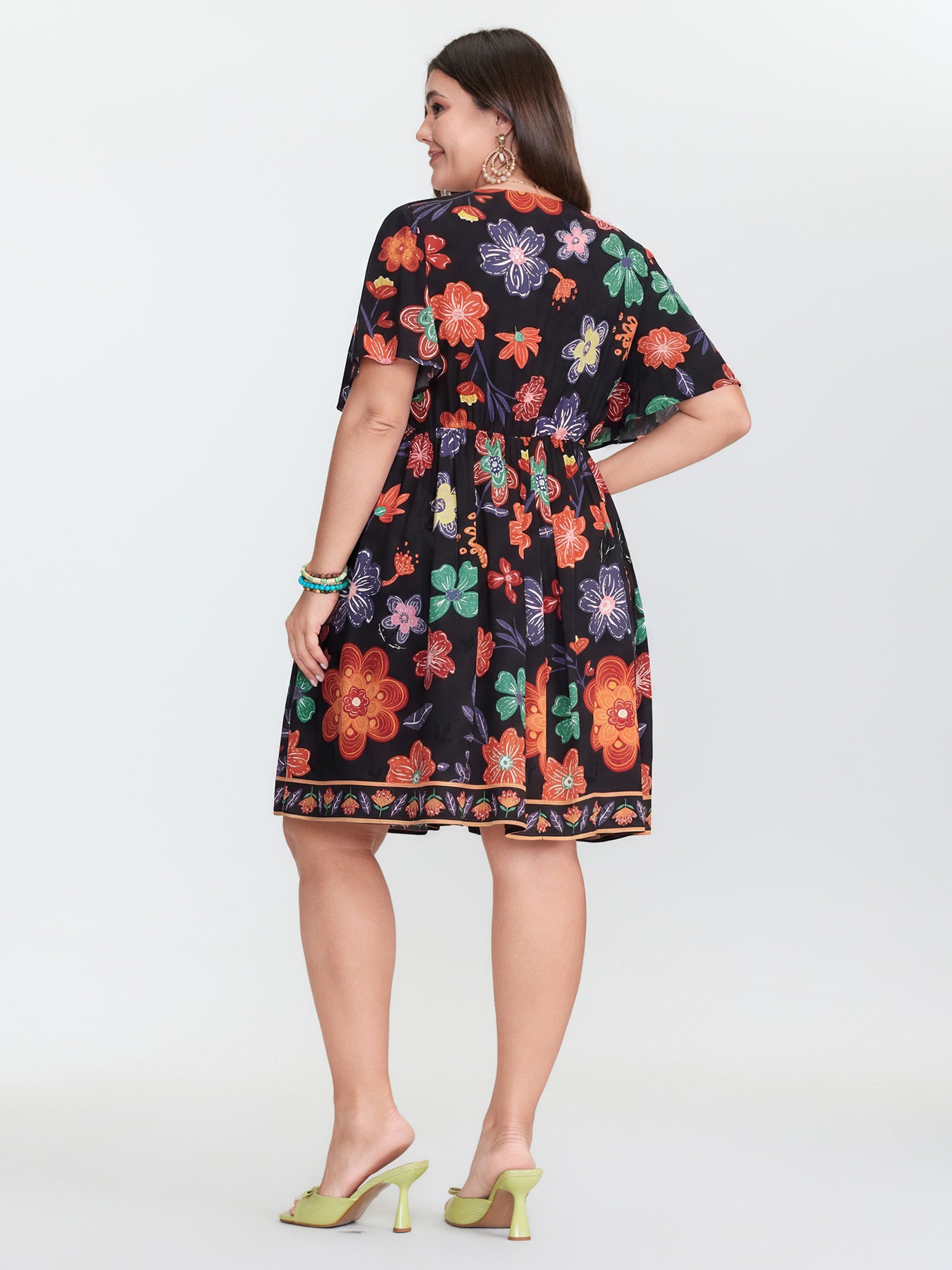 Colorful Floral Print V-Neck Mini Dress