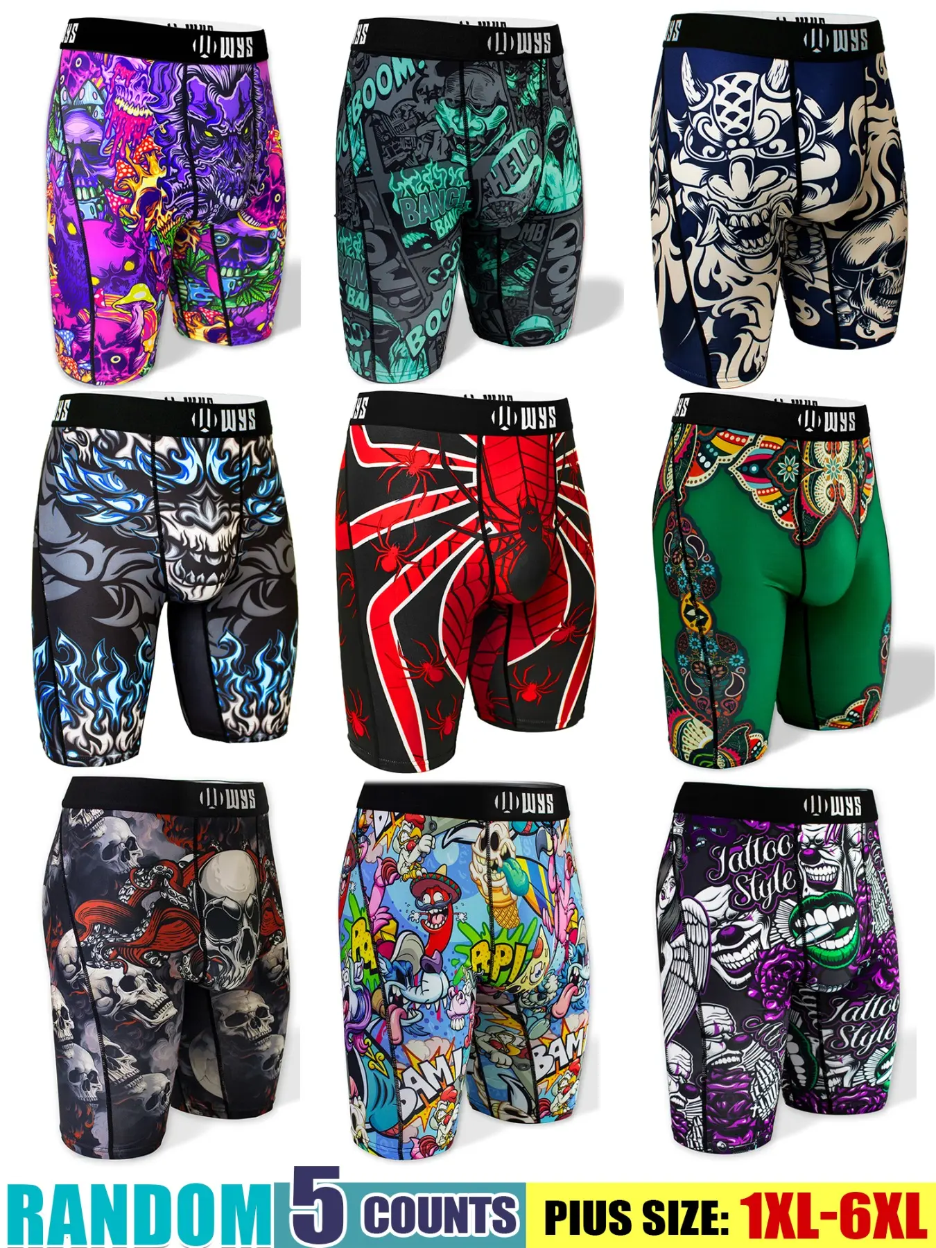 Random 5-Piece Set Plus Size Men's Long Thong Underwear, Breathable Sport Briefs, Quick-Dry