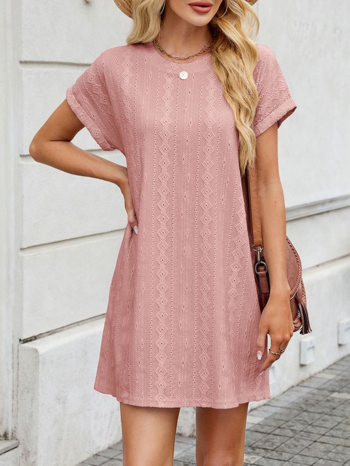 Eyelet Round Neck Casual Mini Dress