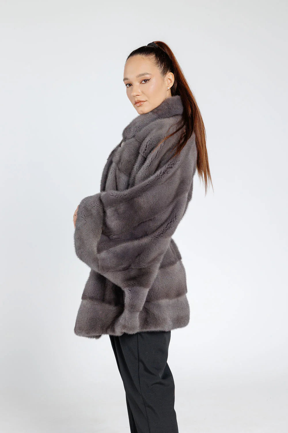 Haină din Blană Naturală de Vizon, cu Cordon din Piele, Guler Rever, Oversized, Femei, Graphite 393