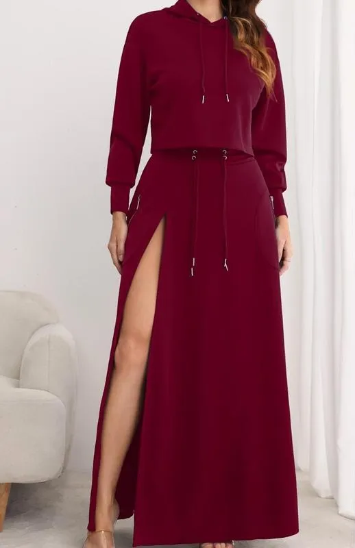Women's Solid Drawstring Hoodie & Split Thigh Skirt Set