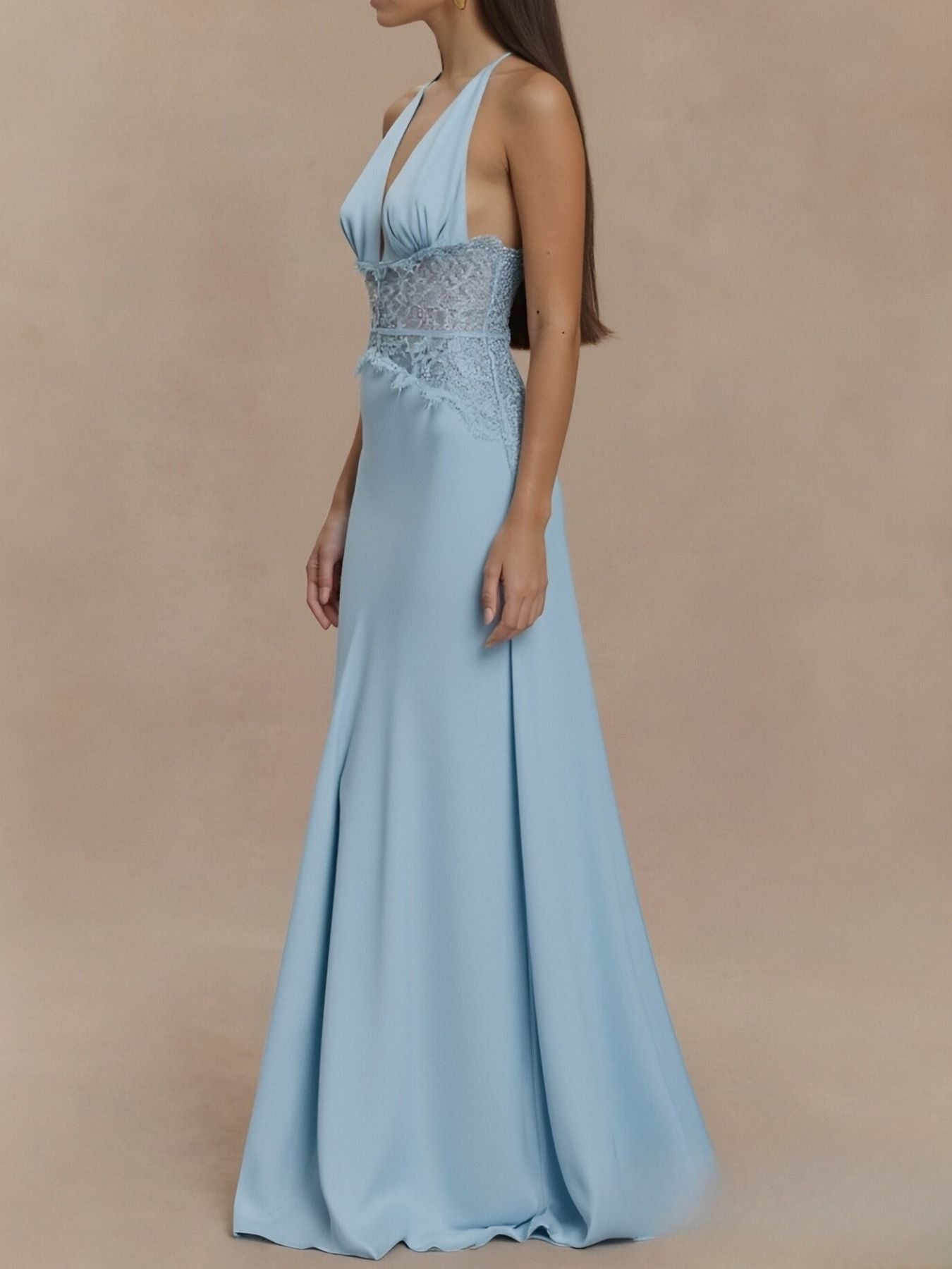 Halter Neck Lace Trimmed Maxi Dress