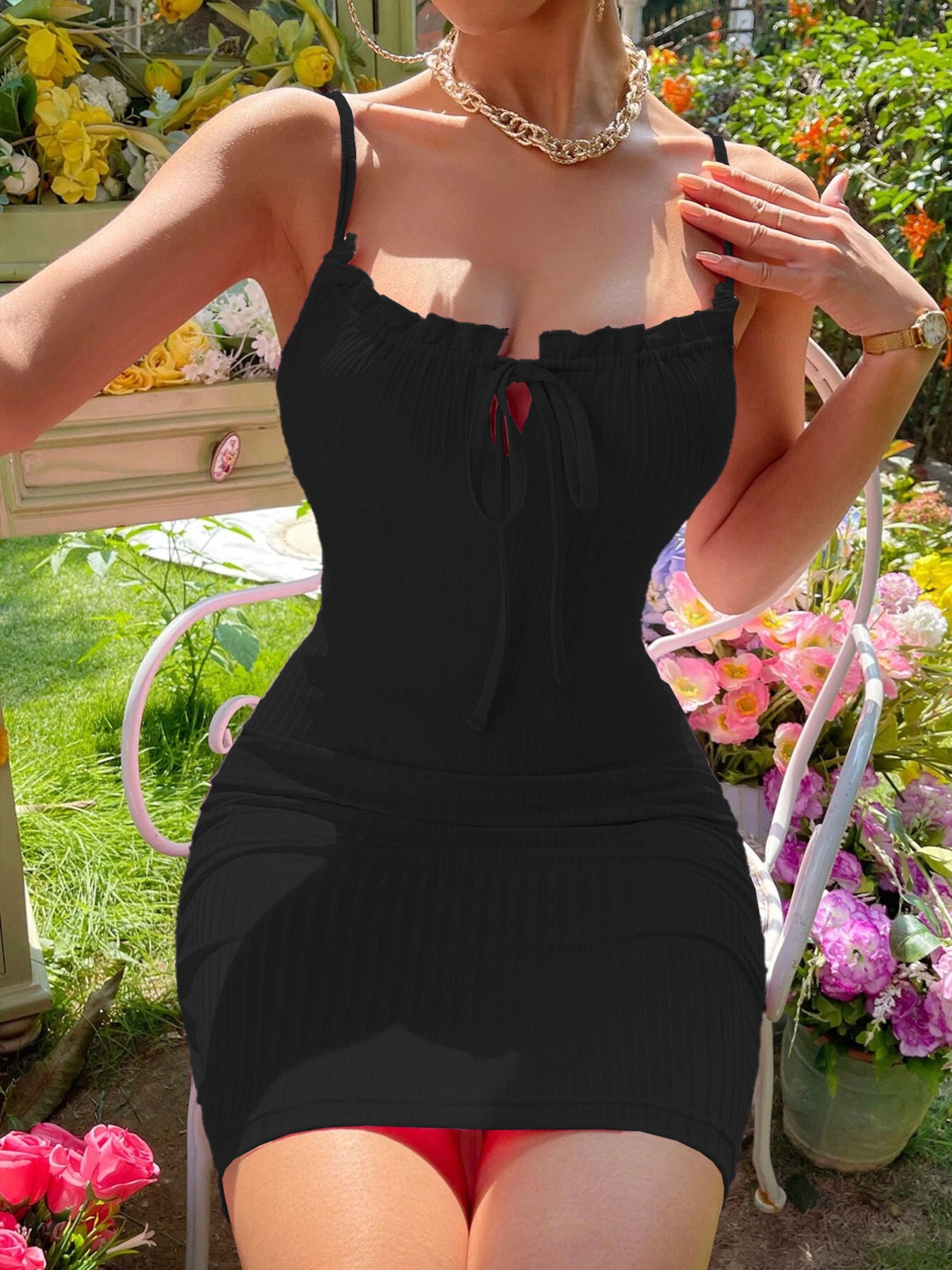 Ribbed Knit Tie-Front Bodycon Mini Dress